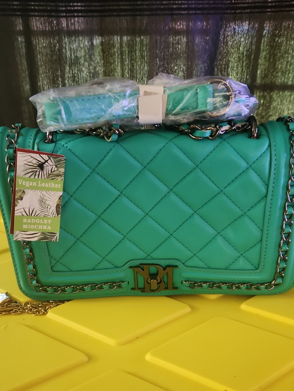 Badgley Mischka Teal Quilted Vegan Leather Shoulder Bag with Chain Strap